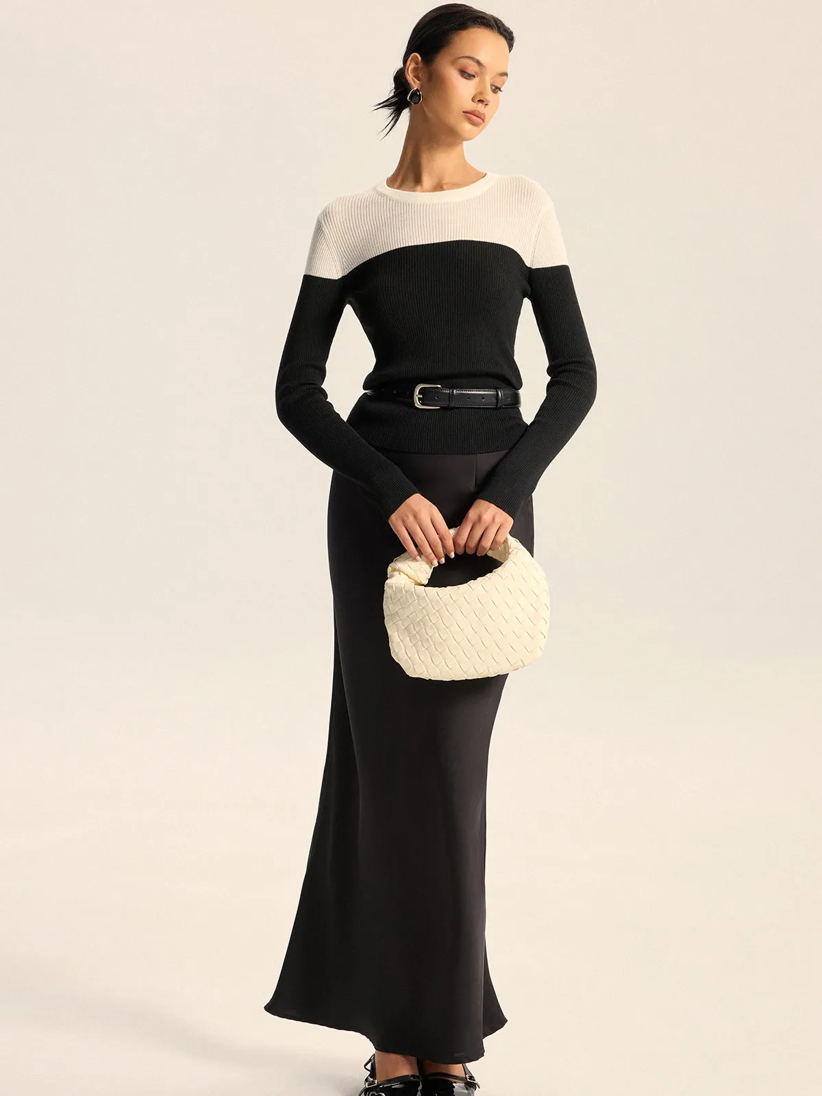 Two-Tone Ribbed Wool Blend Sweater without Belt sold by COMMENSE product image thumbnail 2