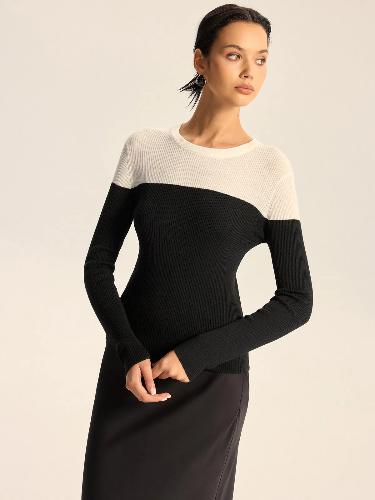 Two-Tone Ribbed Wool Blend Sweater without Belt sold by COMMENSE product image thumbnail 3