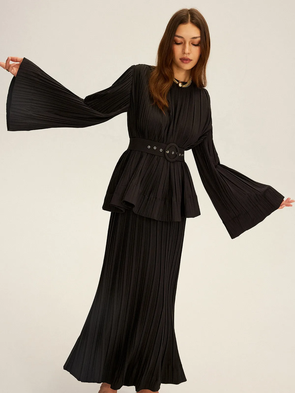 Pleated Bell Sleeve Belted Peplum Blouse sold by COMMENSE product image thumbnail 3