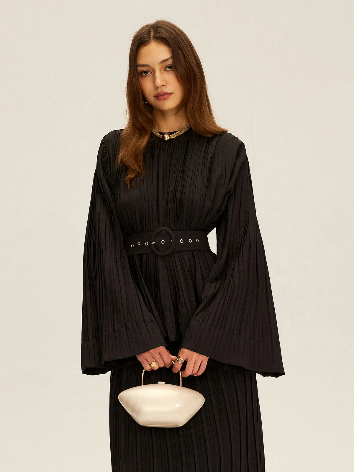 Pleated Bell Sleeve Belted Peplum Blouse sold by COMMENSE product image thumbnail 4