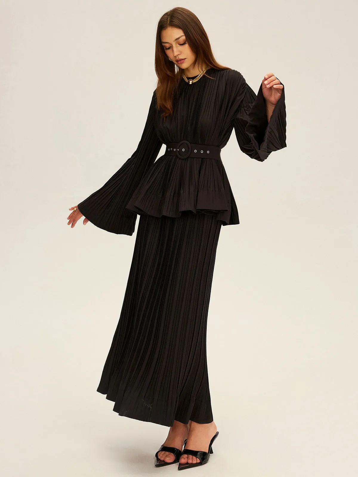 Pleated Bell Sleeve Belted Peplum Blouse sold by COMMENSE