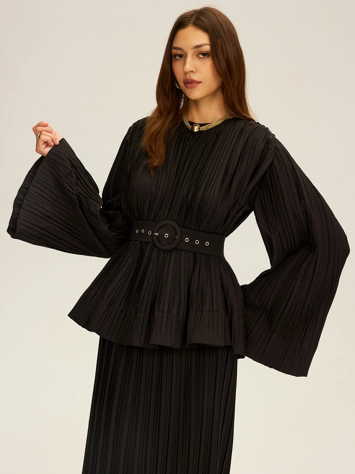 Pleated Bell Sleeve Belted Peplum Blouse sold by COMMENSE product image thumbnail 5
