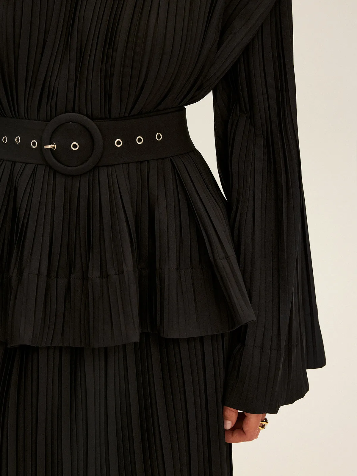 Pleated Bell Sleeve Belted Peplum Blouse sold by COMMENSE product image thumbnail 2
