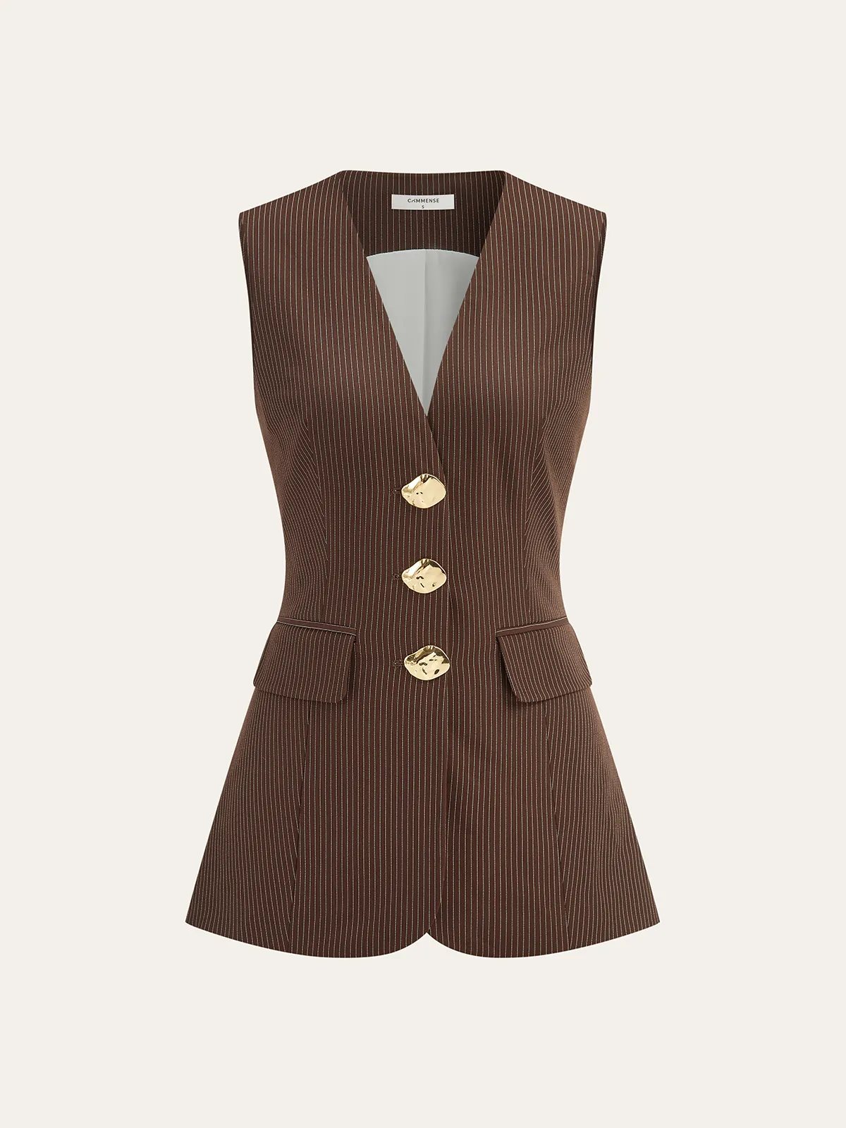 V-Neck Striped Metal Button Tank Top sold by COMMENSE