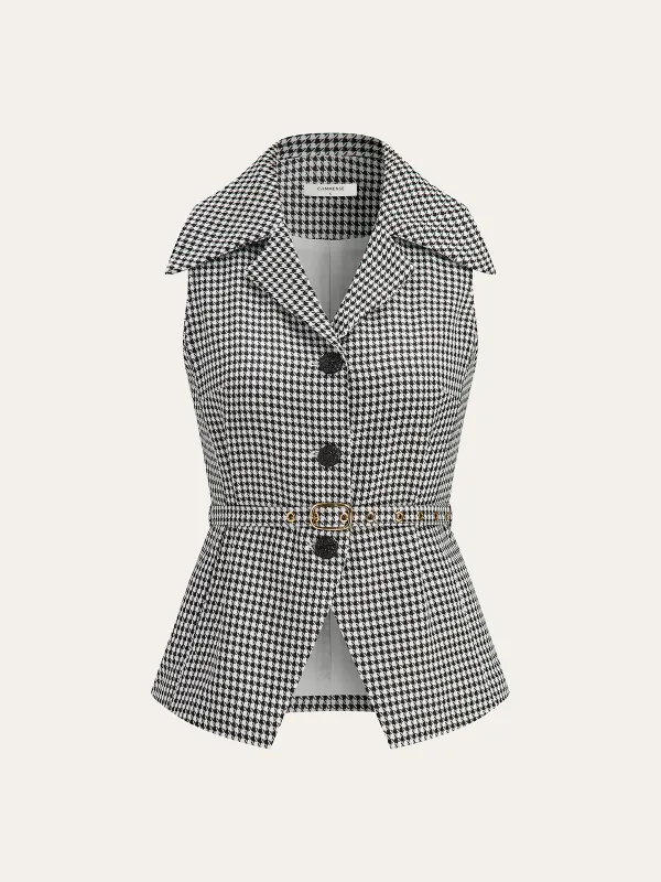 Houndstooth Belted Collar Vest sold by COMMENSE
