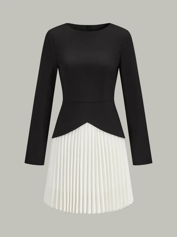 Long Sleeve Color-Block Pleated Dress sold by COMMENSE