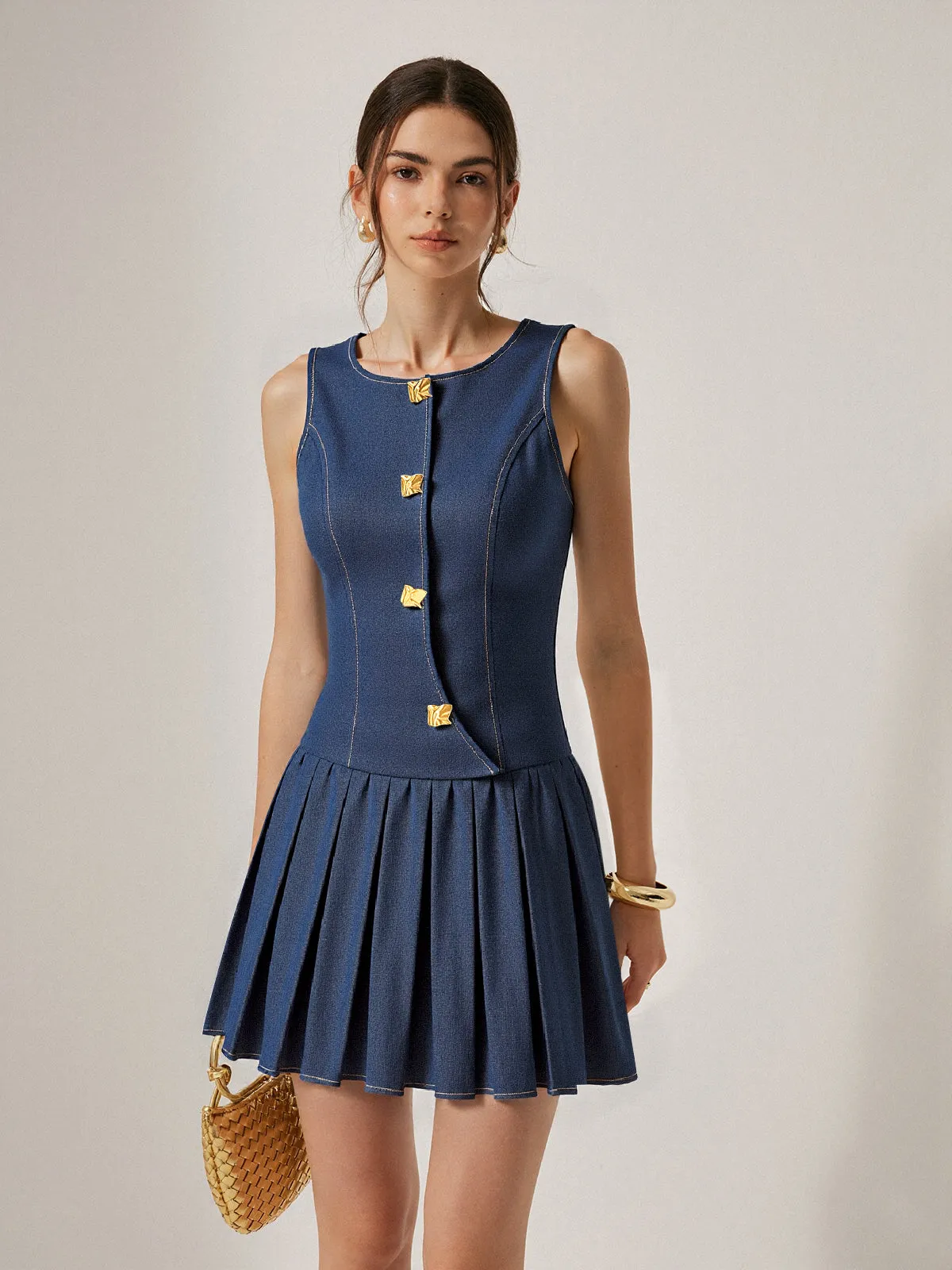 Metal Detail Denim Pleated Sleeveless Dress sold by COMMENSE product image thumbnail 2
