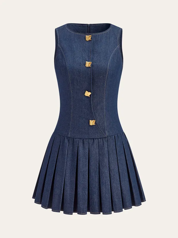 Metal Detail Denim Pleated Sleeveless Dress sold by COMMENSE