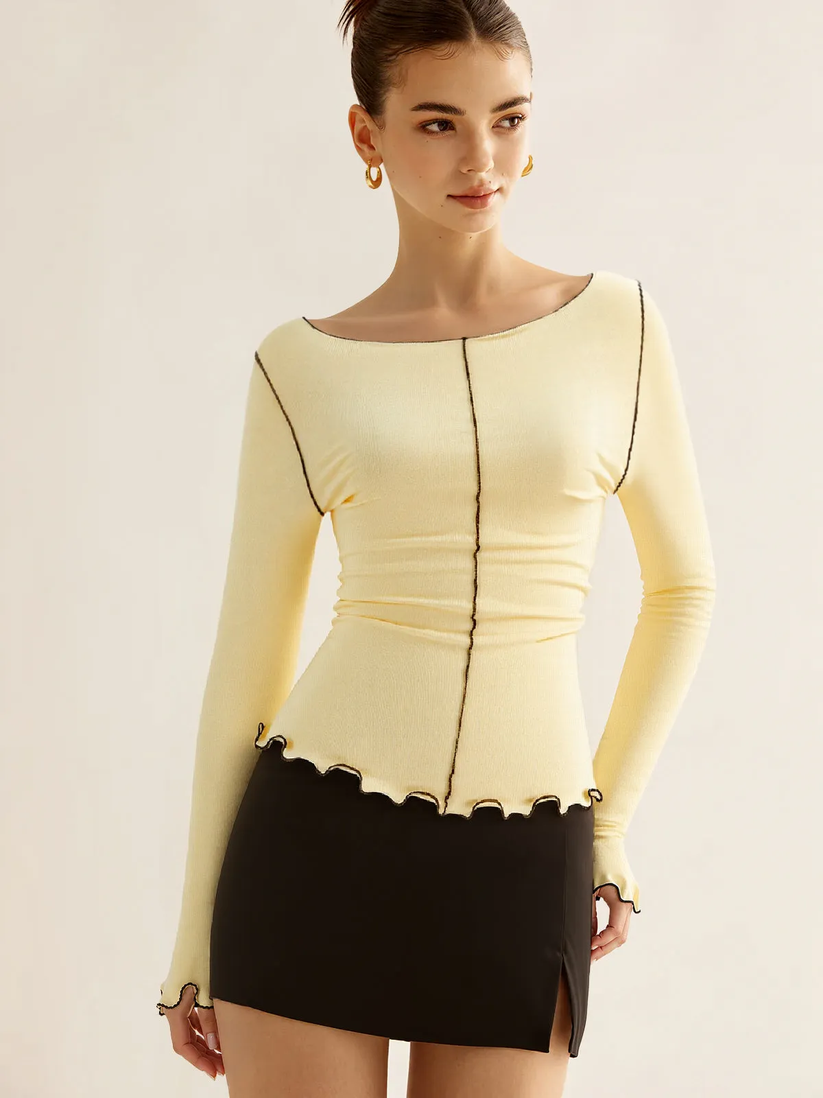 Long Sleeve Contrast Trim Ruffled T-Shirt sold by COMMENSE product image thumbnail 5