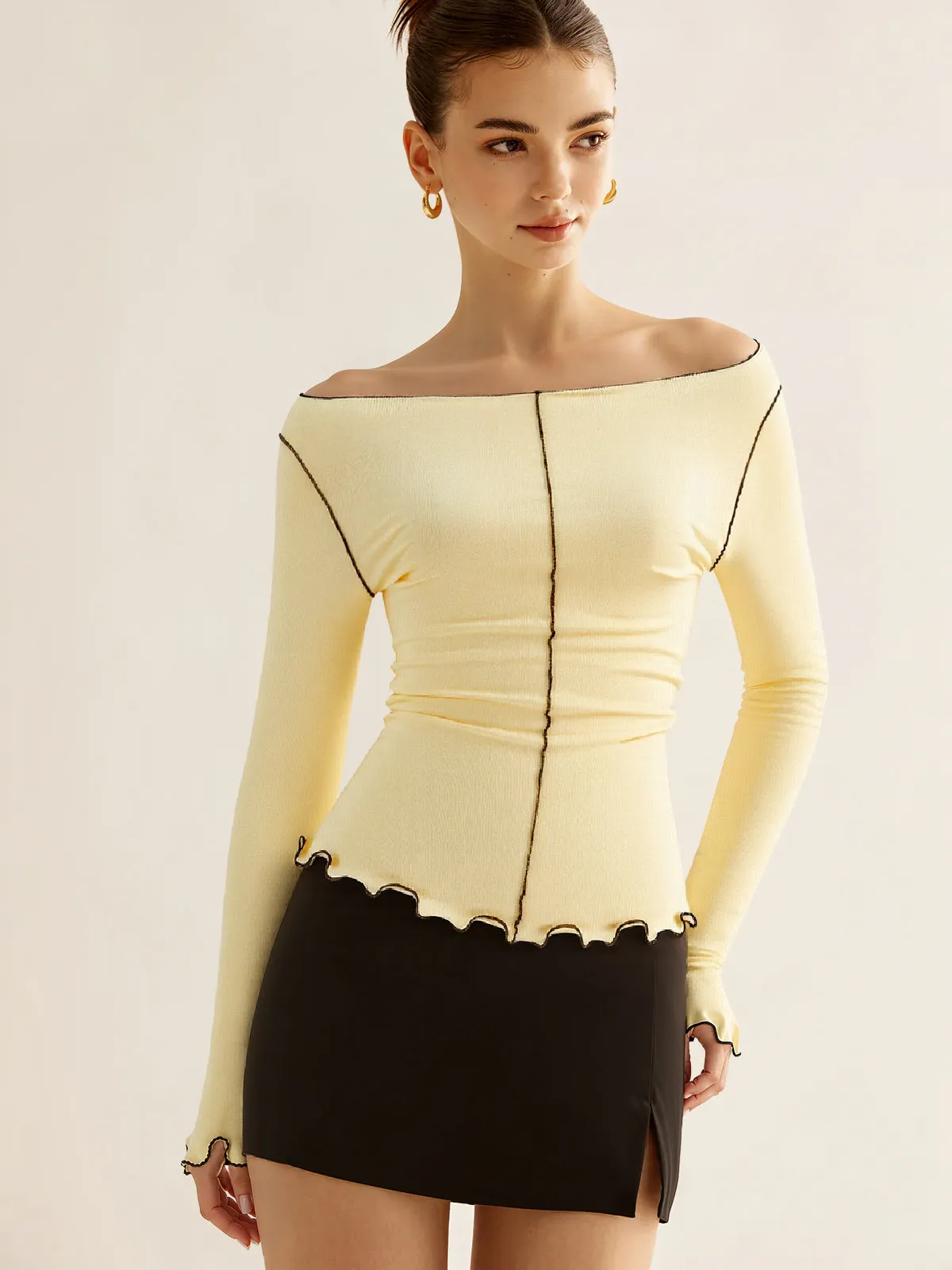 Long Sleeve Contrast Trim Ruffled T-Shirt sold by COMMENSE product image thumbnail 3