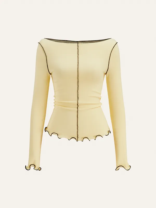 Long Sleeve Contrast Trim Ruffled T-Shirt sold by COMMENSE