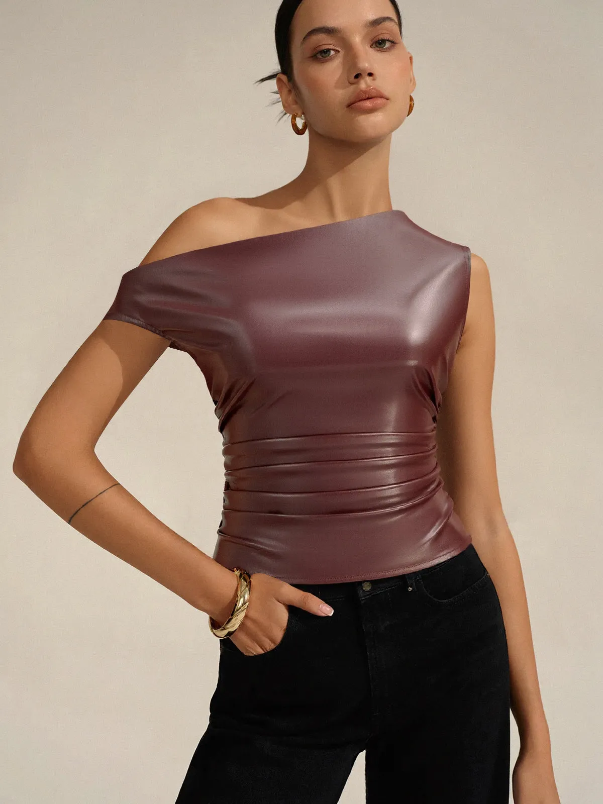 One-Shoulder PU Leather Tank Top sold by COMMENSE product image thumbnail 2