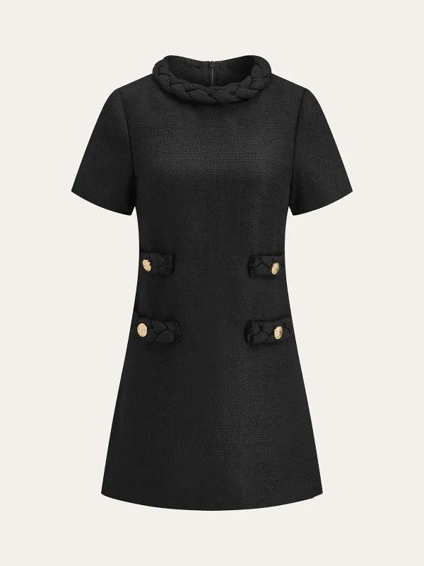 Tweed Braided Rope Collar Short Sleeve Dress sold by COMMENSE