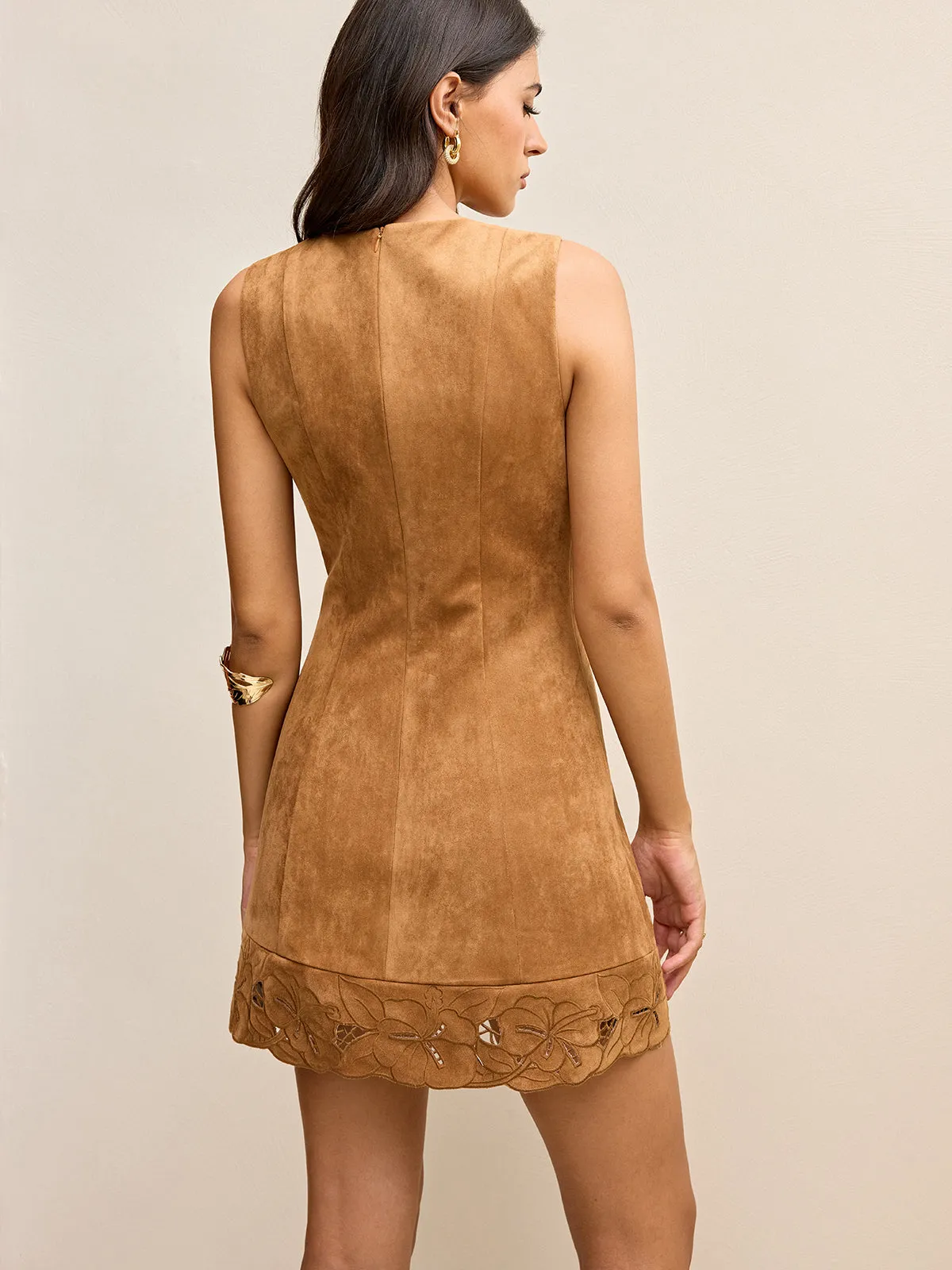 Suede Effect Floral Embroidered Sleeveless Mini Dress sold by COMMENSE product image thumbnail 2