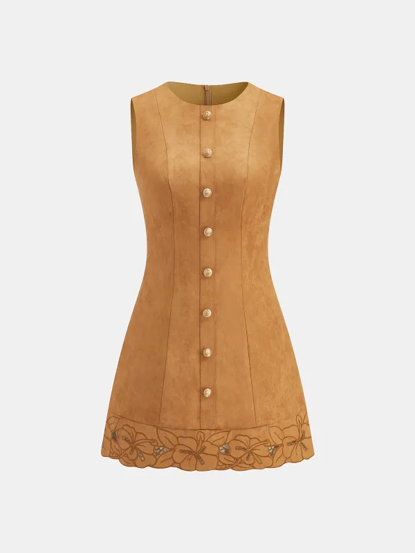 Suede Floral Embroidered Sleeveless Mini Dress sold by COMMENSE