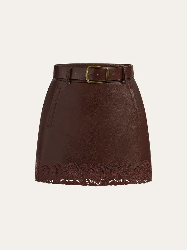 Jacquard Trim PU Leather Mini Skirt with Belt sold by COMMENSE