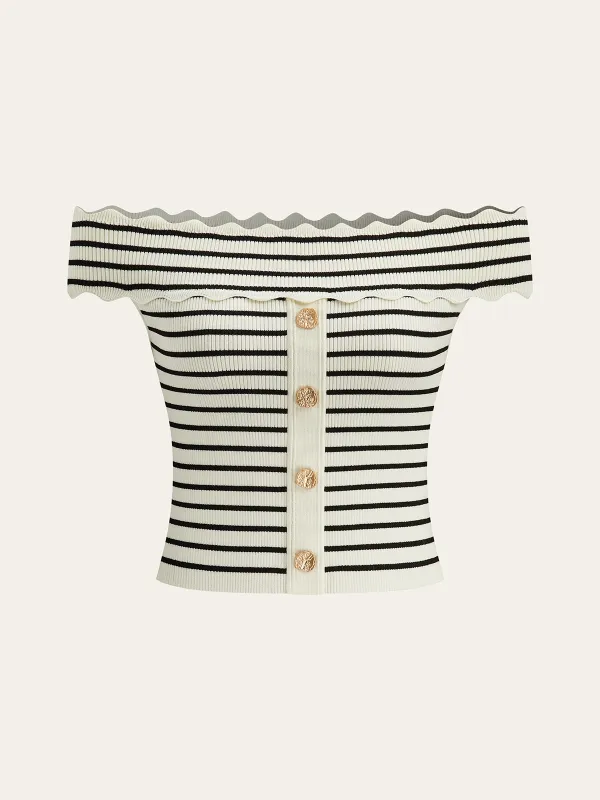 Striped Off-Shoulder Metal Button Knit Top sold by COMMENSE