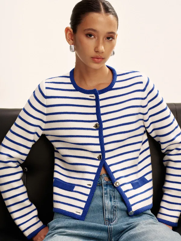 Striped Contrast Trim Knit Cardigan sold by COMMENSE