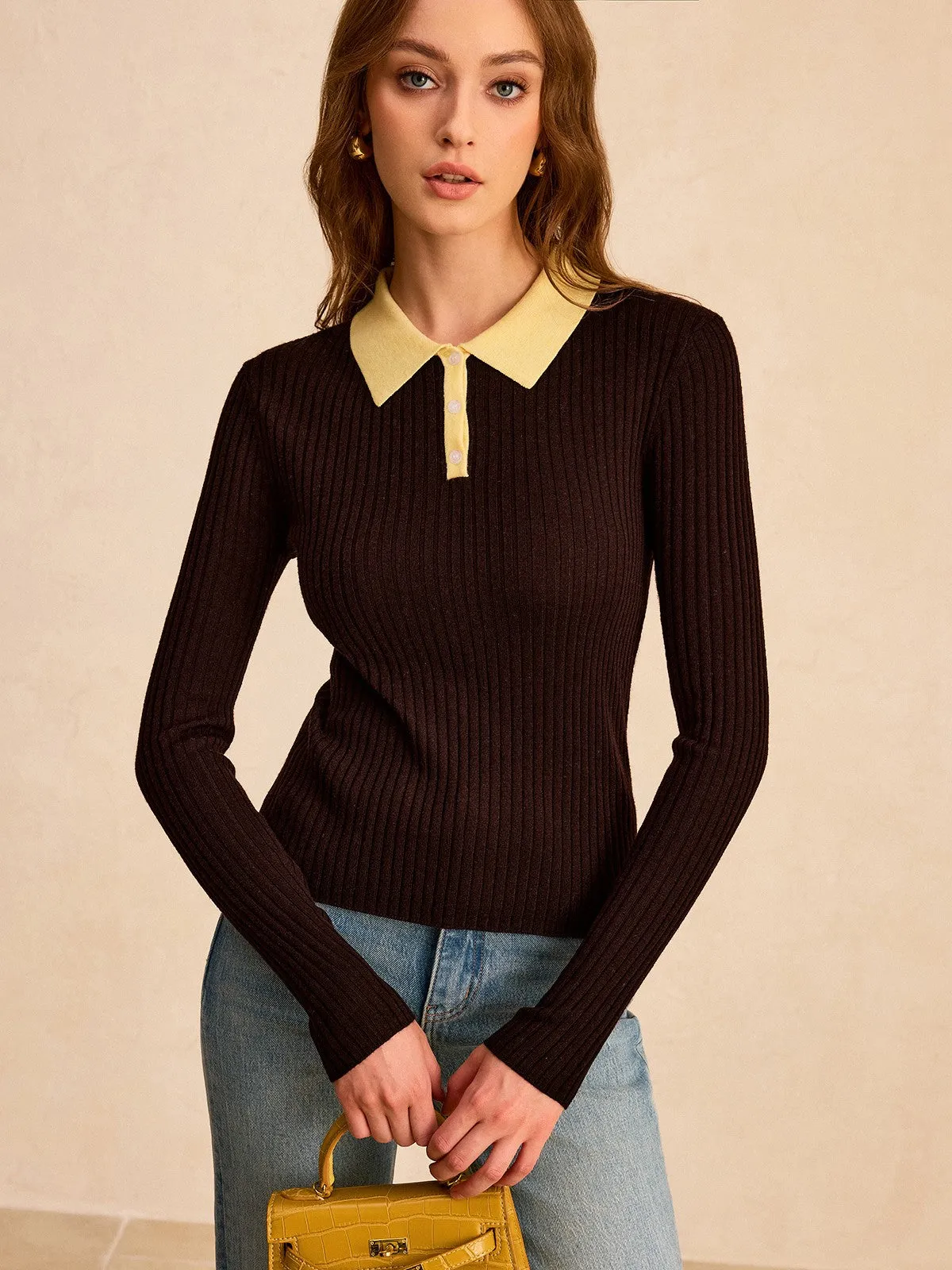 Contrast Collar Wool Blend Polo Knit Top sold by COMMENSE