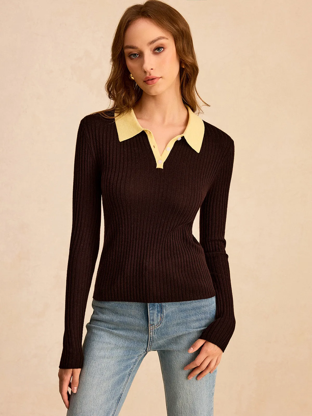 Contrast Collar Wool Blend Polo Knit Top sold by COMMENSE product image thumbnail 5