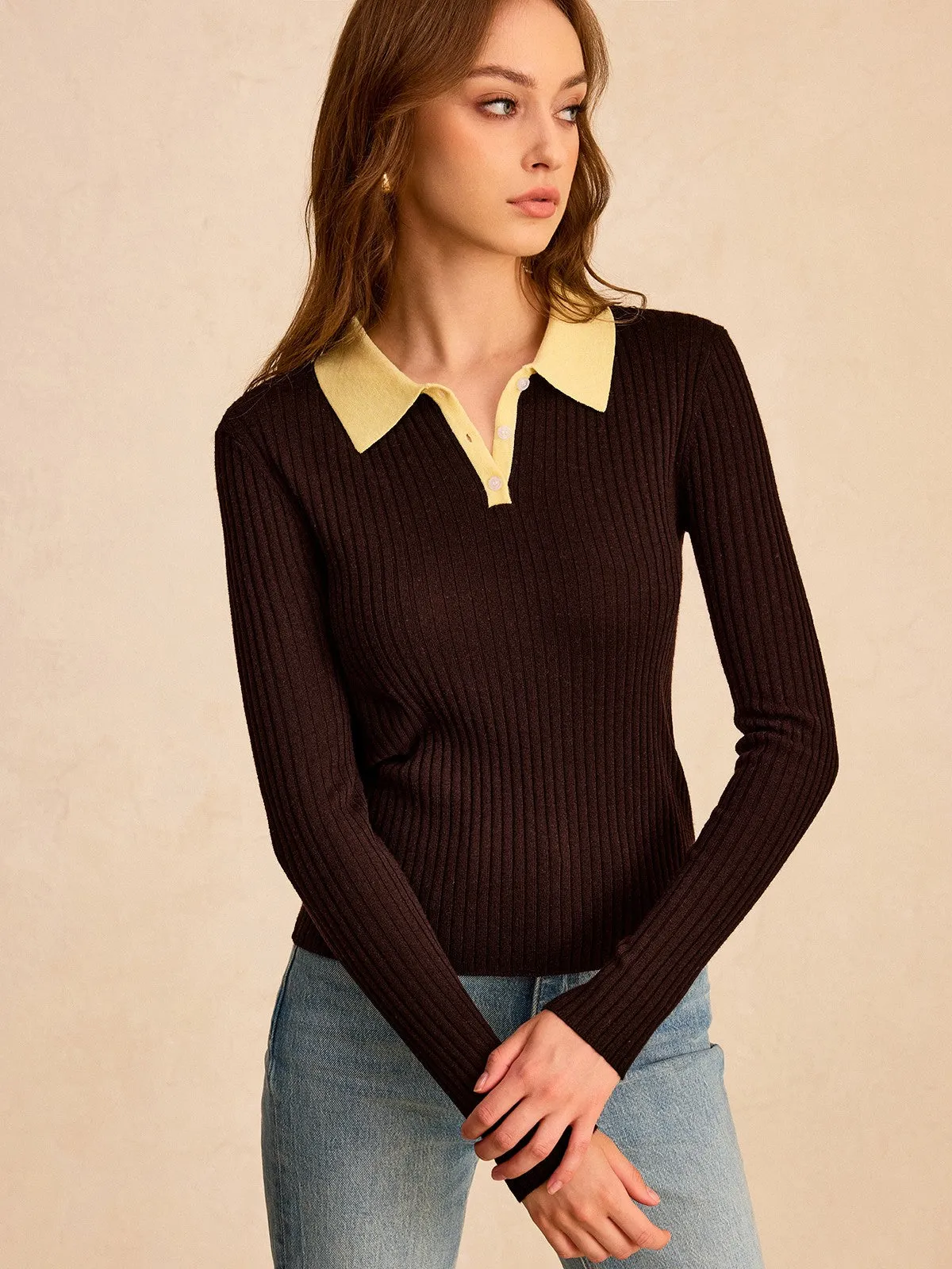 Contrast Collar Wool Blend Polo Knit Top sold by COMMENSE product image thumbnail 3