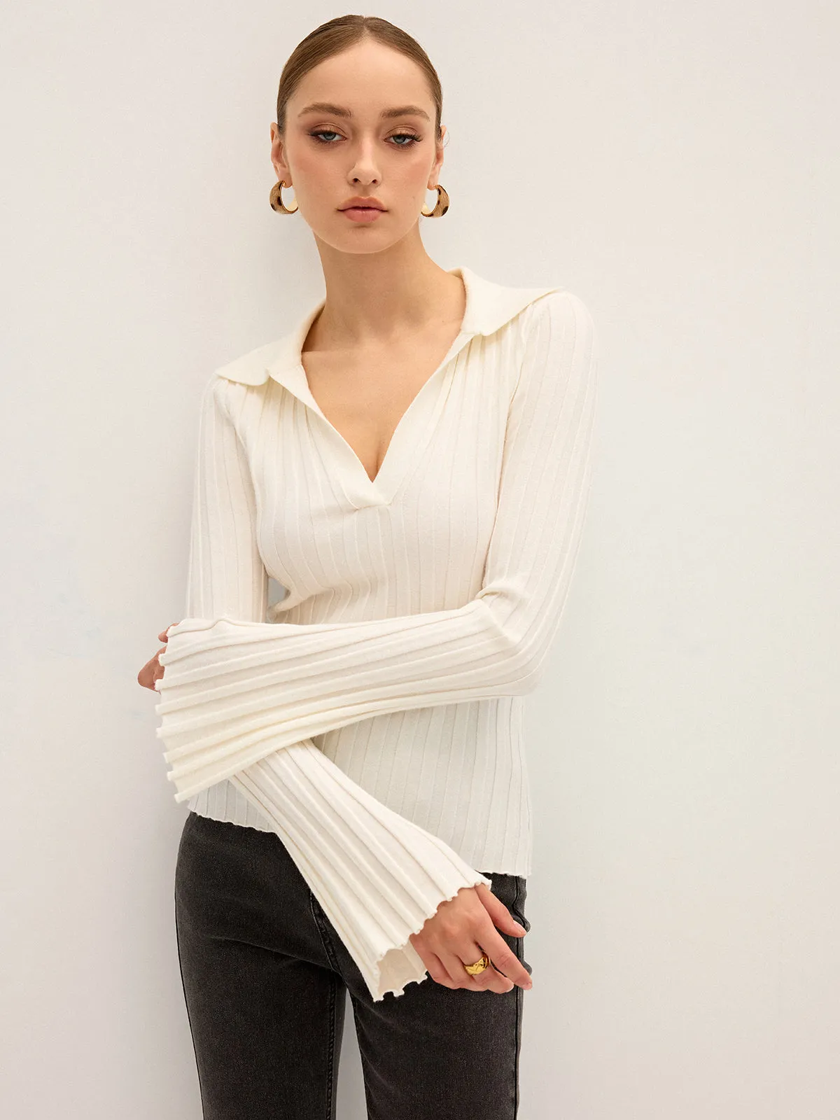 Flared Sleeve Collared Knit Top sold by COMMENSE product image thumbnail 2