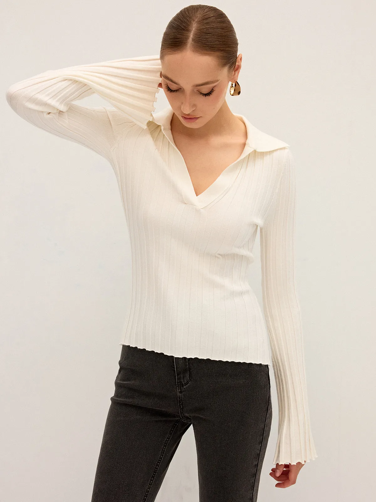 Flared Sleeve Collared Knit Top sold by COMMENSE product image thumbnail 3