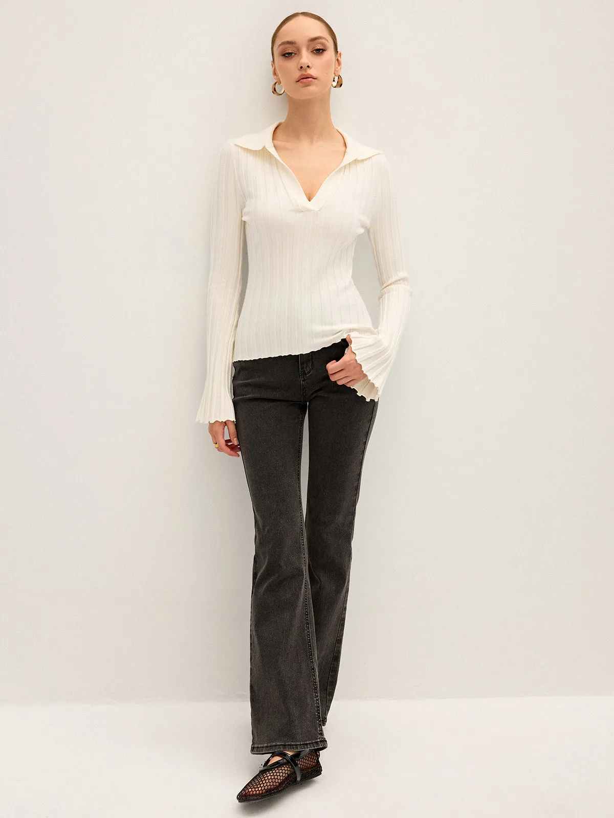 Flared Sleeve Collared Knit Top sold by COMMENSE product image thumbnail 4