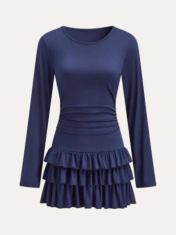 Long Sleeve Ruched Waist Layered Ruffle Dress sold by COMMENSE