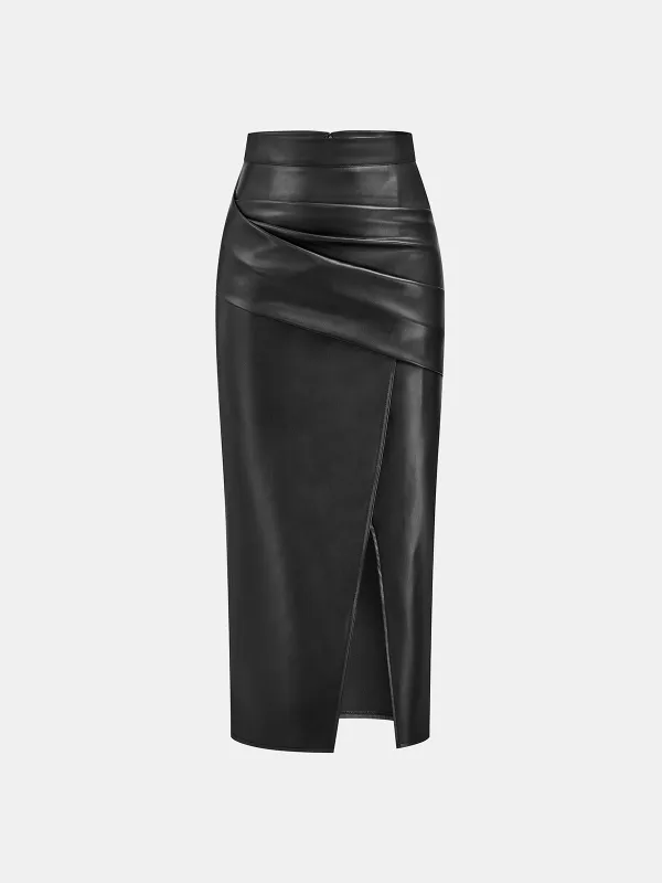Ruched Slit PU Leather Midi Skirt sold by COMMENSE