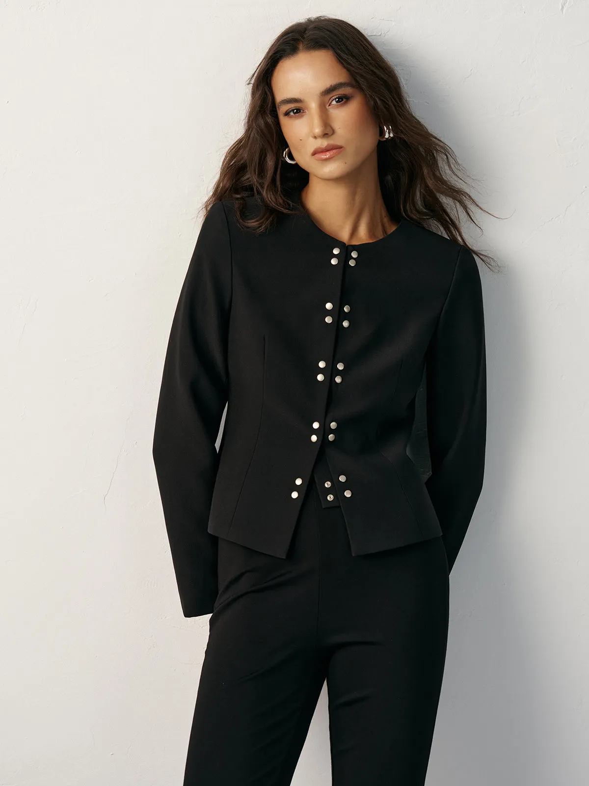 Round Neck Double-Breasted Blazer sold by COMMENSE product image thumbnail 4