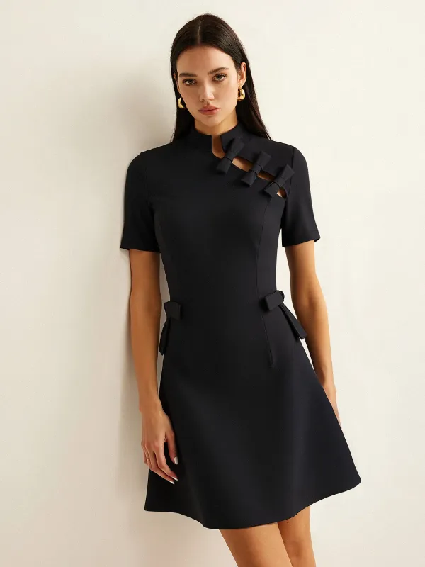 Bow Cut-Out Stand Collar Short Sleeve Dress sold by COMMENSE