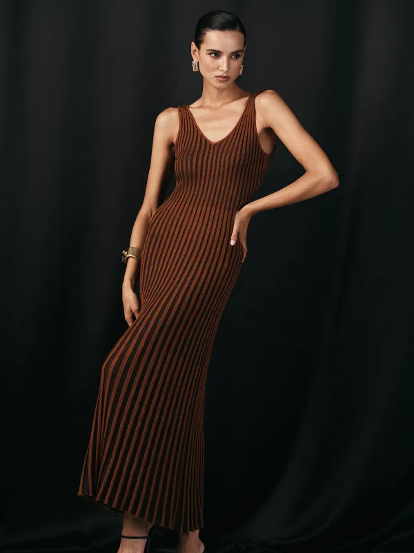 Wool Blend Striped Knit V-Neck Midi Dress sold by COMMENSE