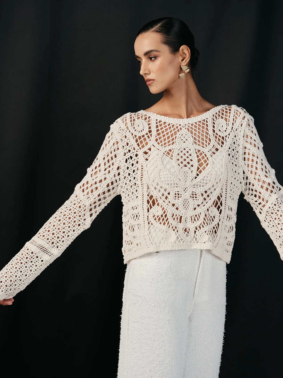 Cotton Crochet Long Sleeve Knit Top sold by COMMENSE