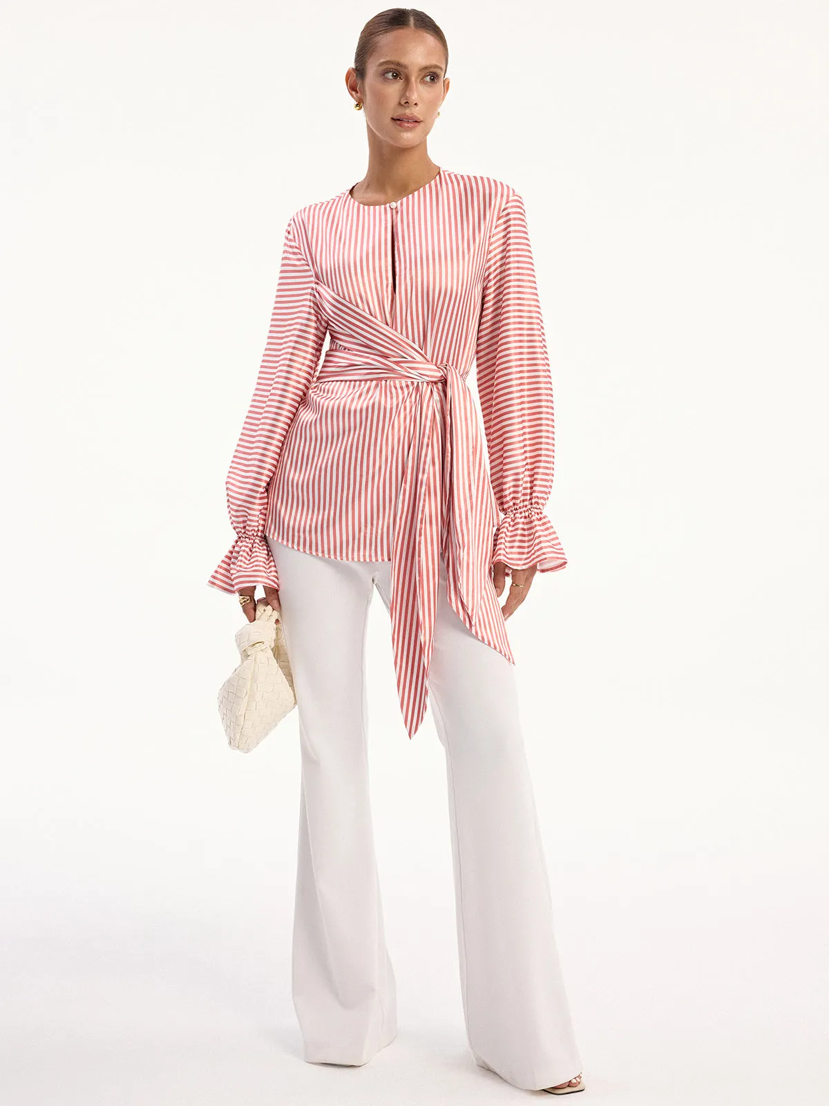 Wrap-Tie Striped Keyhole Blouse sold by COMMENSE product image thumbnail 2