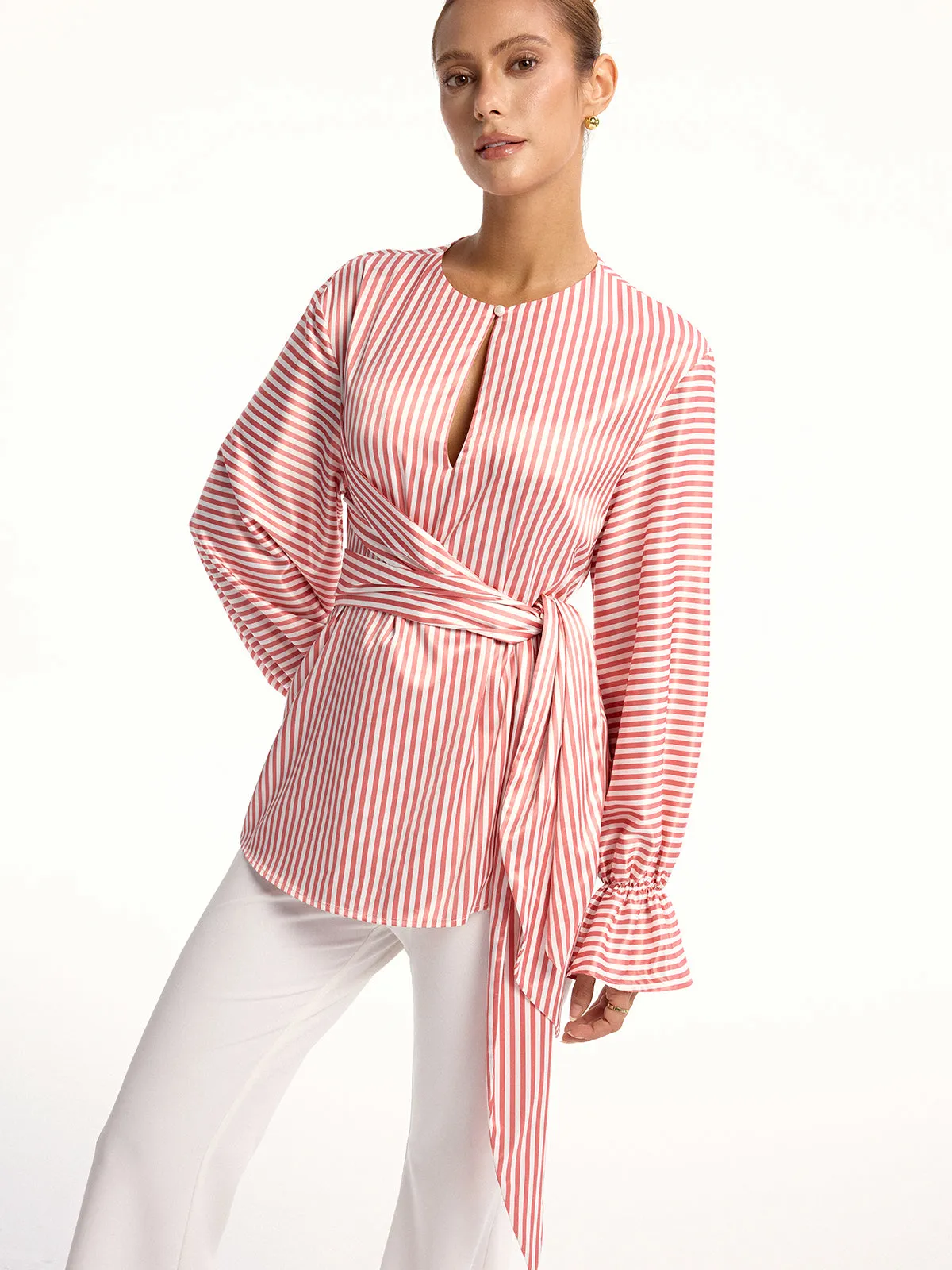 Wrap-Tie Striped Keyhole Blouse sold by COMMENSE product image thumbnail 3
