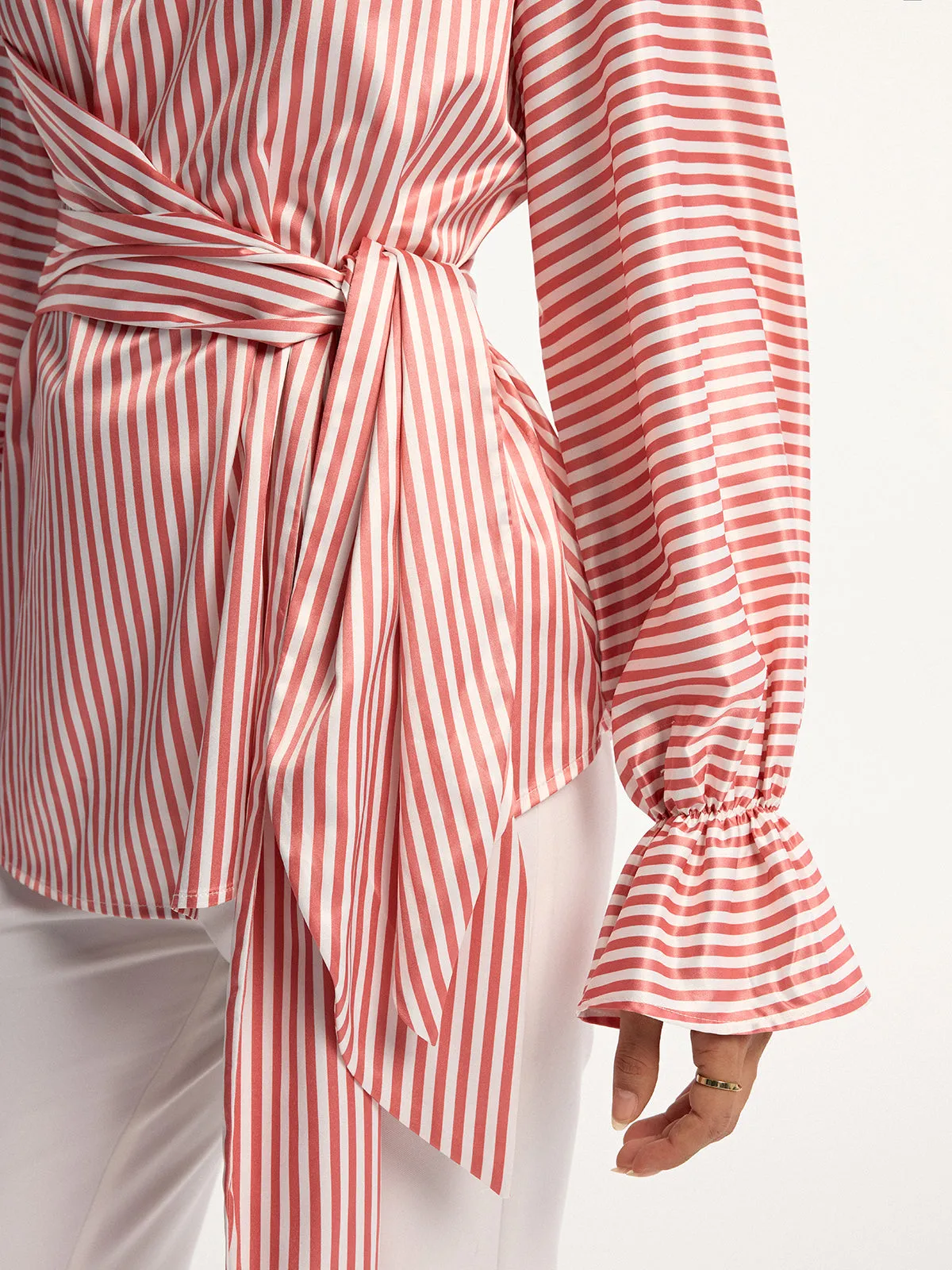 Wrap-Tie Striped Keyhole Blouse sold by COMMENSE product image thumbnail 4