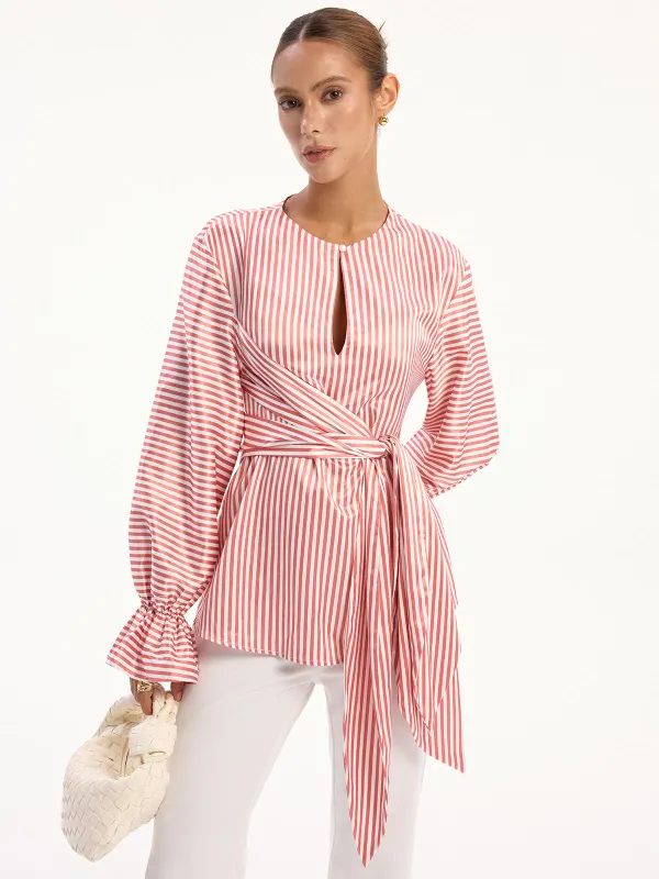 Wrap-Tie Striped Keyhole Blouse sold by COMMENSE