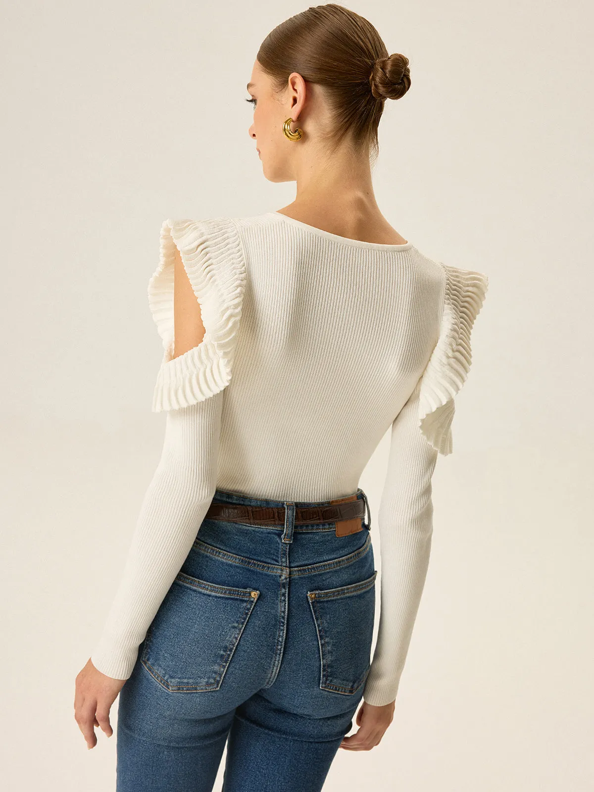Cold Shoulder Ruffle V-Neck Knit Top sold by COMMENSE product image thumbnail 4