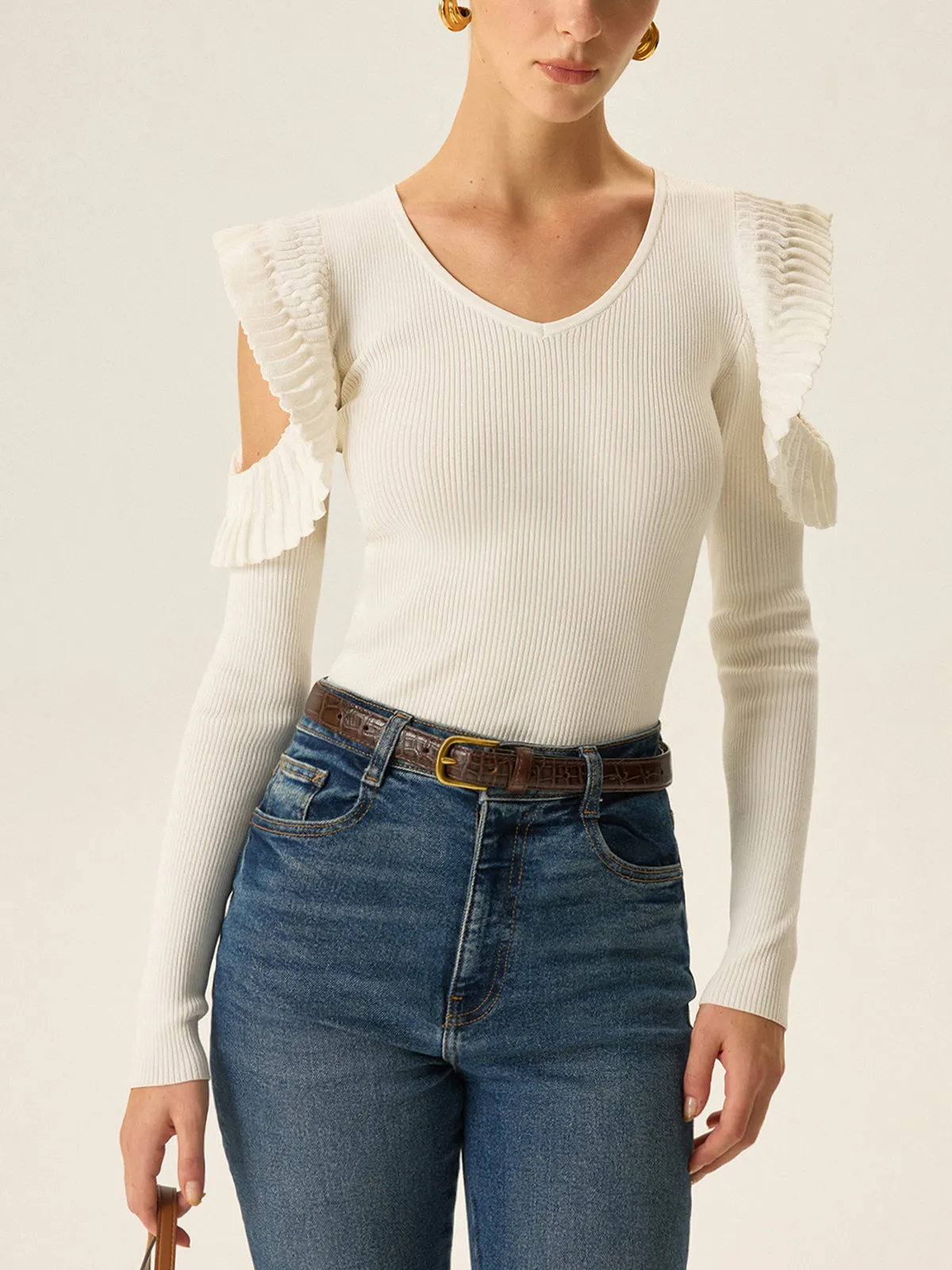 Cold Shoulder Ruffle V-Neck Knit Top sold by COMMENSE product image thumbnail 3