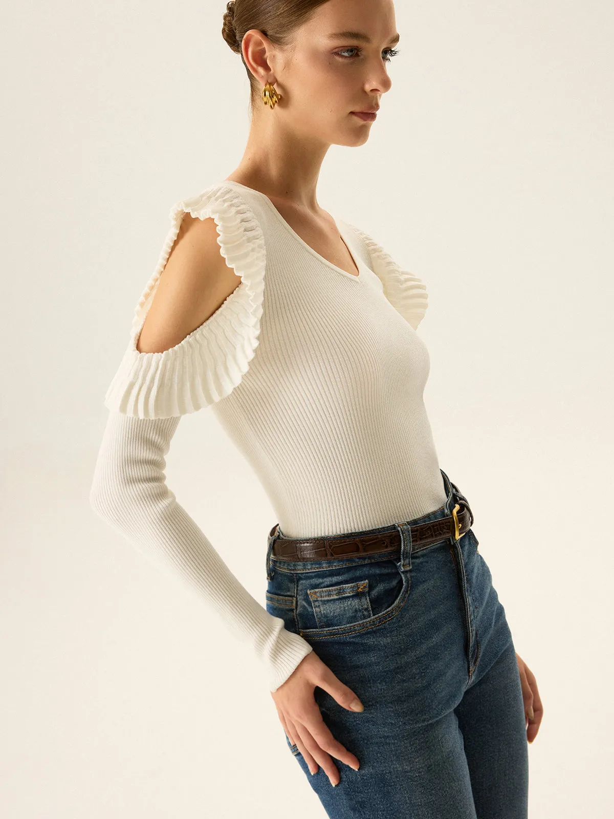 Cold Shoulder Ruffle V-Neck Knit Top sold by COMMENSE product image thumbnail 5