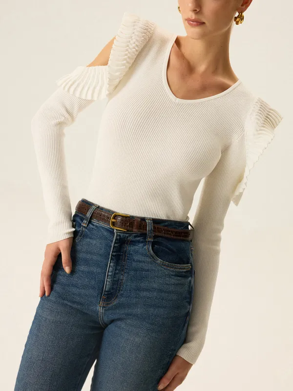 Cold Shoulder Ruffle V-Neck Knit Top sold by COMMENSE