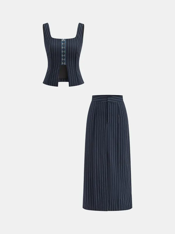 Hook-Eye Striped Top and Skirt Set sold by COMMENSE