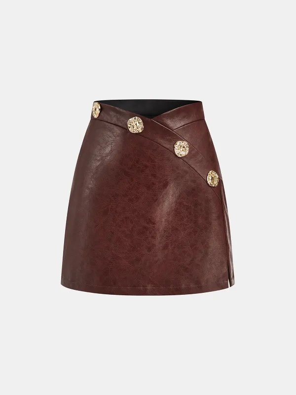 Asymmetric Metal Detail PU Leather Mini Skirt sold by COMMENSE