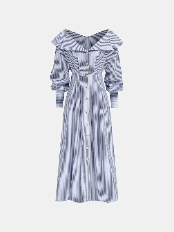 Off-Shoulder Striped Button Front Collared Dress sold by COMMENSE