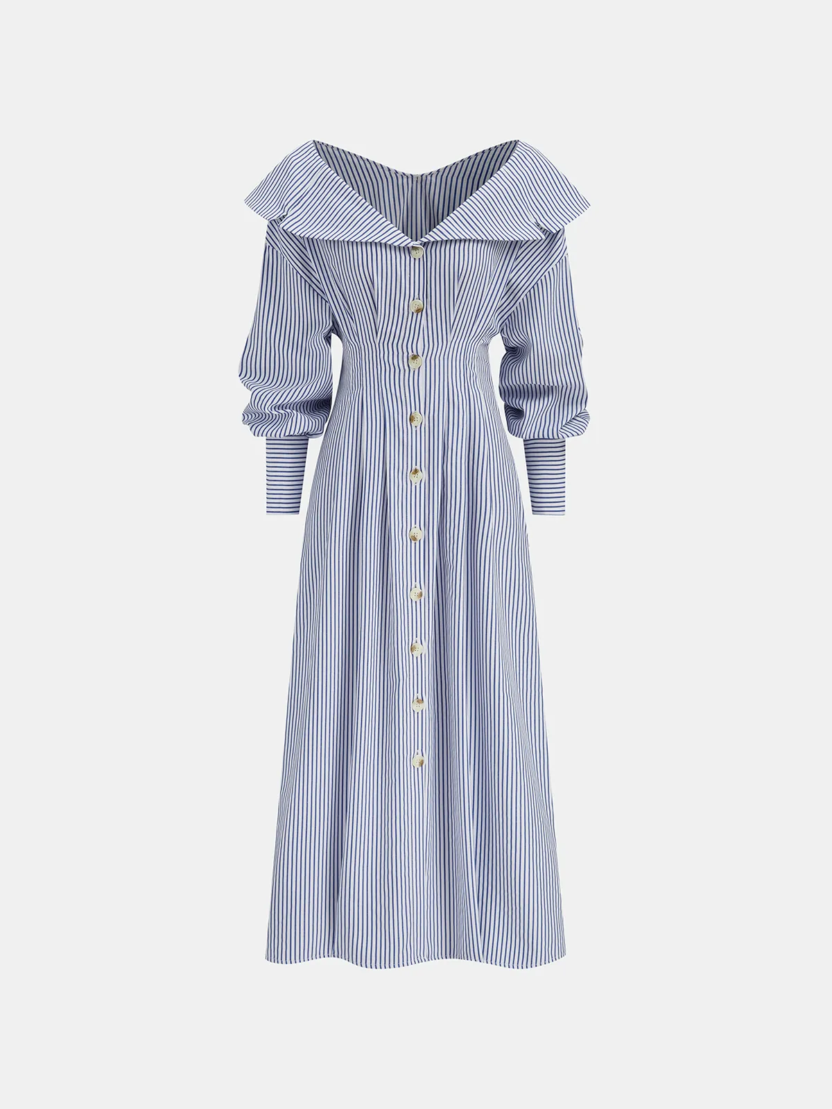 Off-Shoulder Striped Button Front Collared Dress sold by COMMENSE