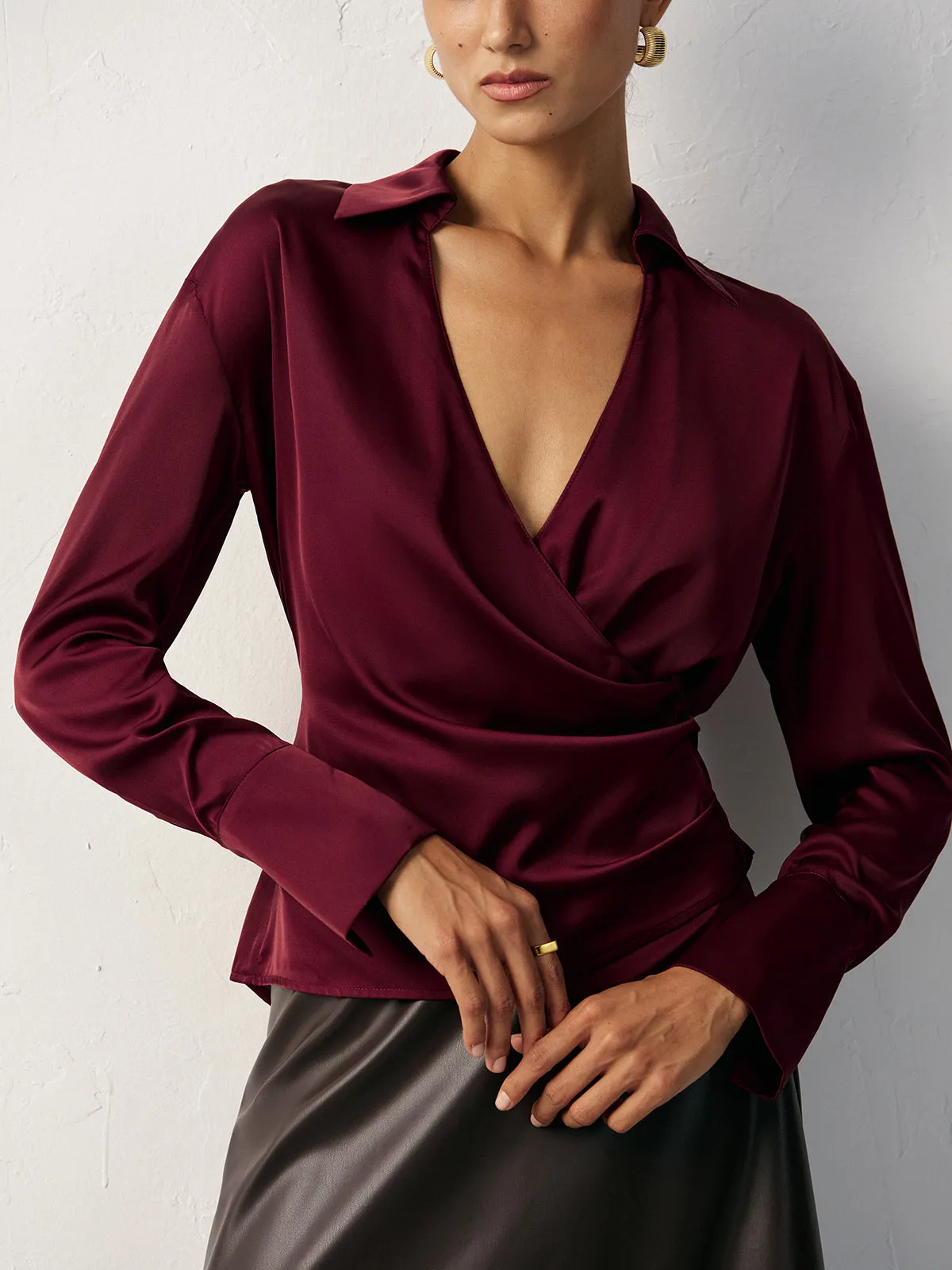 Wrap V-Neck Satin Shirt sold by COMMENSE product image thumbnail 4