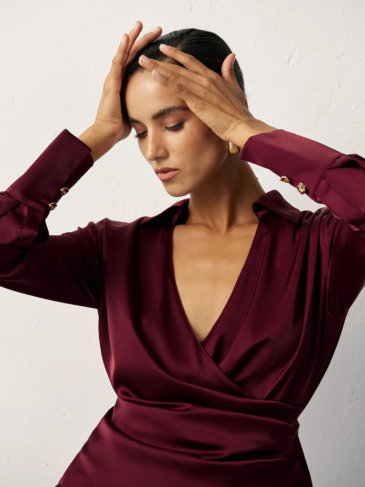 Wrap V-Neck Satin Shirt sold by COMMENSE product image thumbnail 5