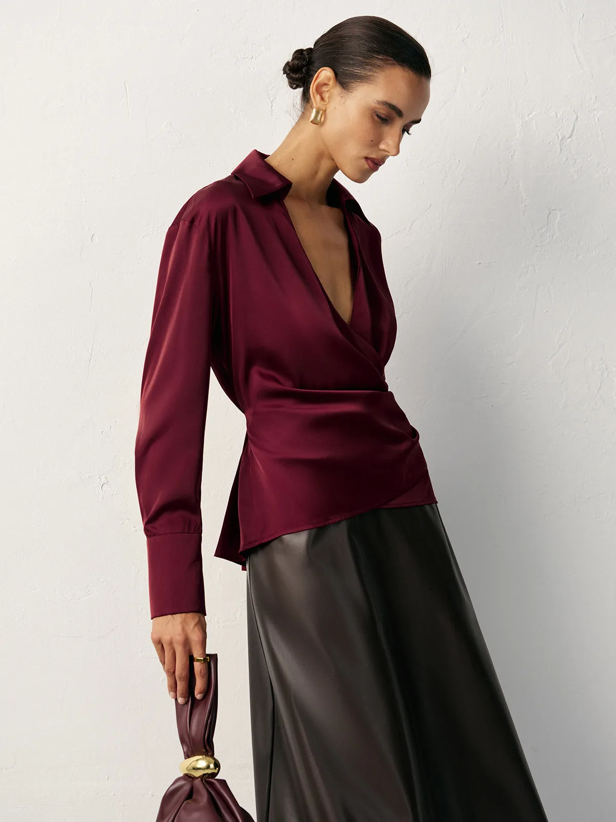 Wrap V-Neck Satin Shirt sold by COMMENSE product image thumbnail 2