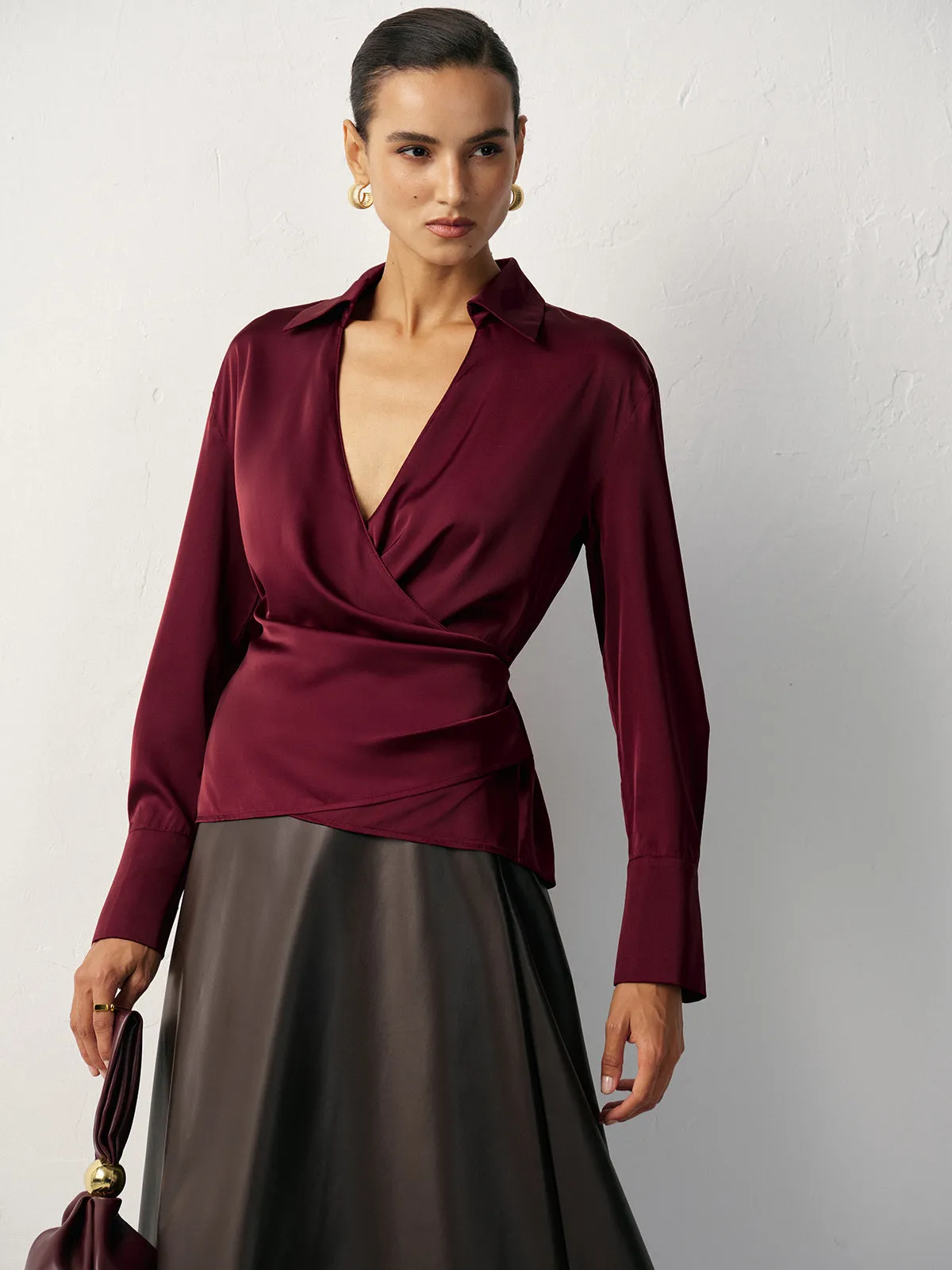 Wrap V-Neck Satin Shirt sold by COMMENSE product image thumbnail 3